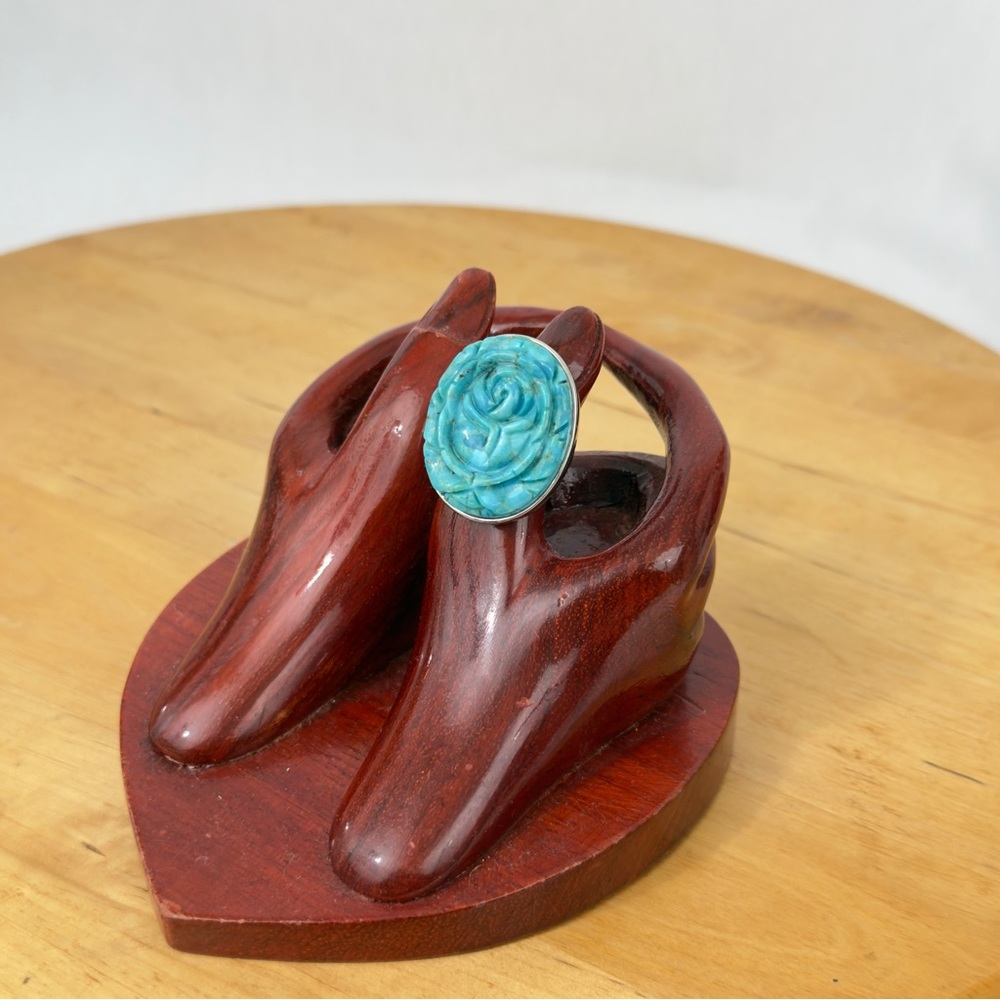 NF 925 Thailand DP Dallas Prince Carved Rose Turquoise Sterling Silver Ring Sz 7 - Picture 3 of 16